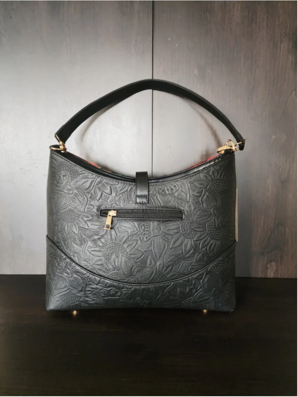 Floral Embroided Embossed Tooled Artisan LEATHER Handbag Shoulder Purse Black